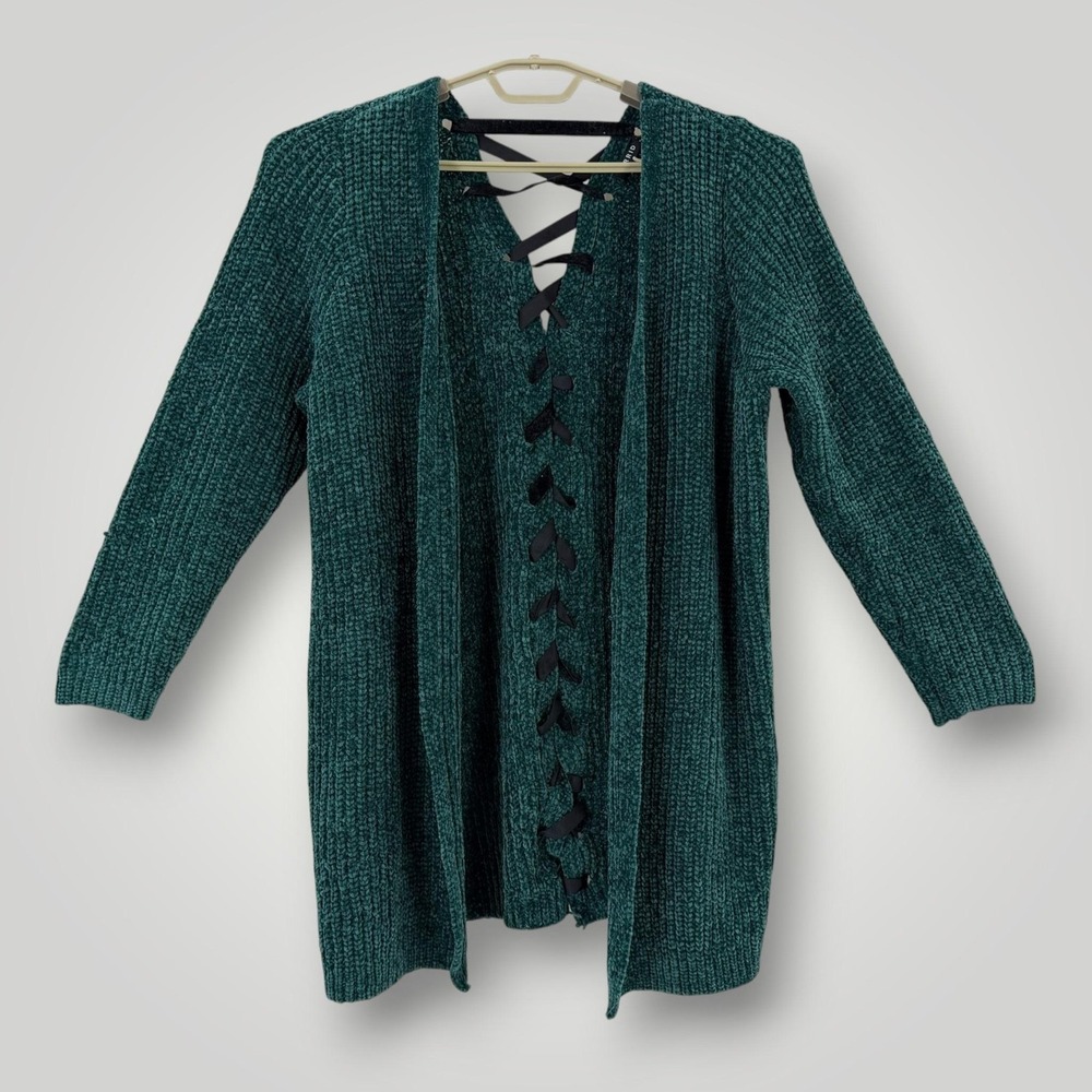 Torrid Cardigan Sweater Womens 3X Green Lace Up Back Chunky Knit Open Front